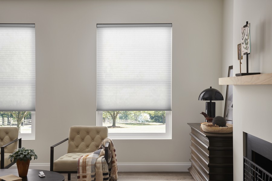 Lutron smart blinds on windows in a living room. 