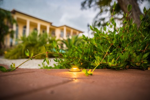Coastal Source Niche landscape light on a walking path. A home shows in the background.