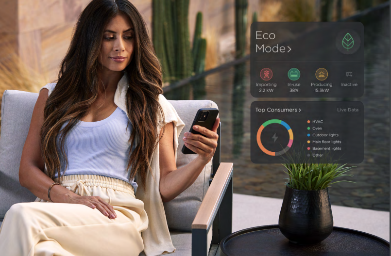 Woman sitting outdoors using a smartphone to monitor her home's energy use with Savant Power's Eco Mode. 