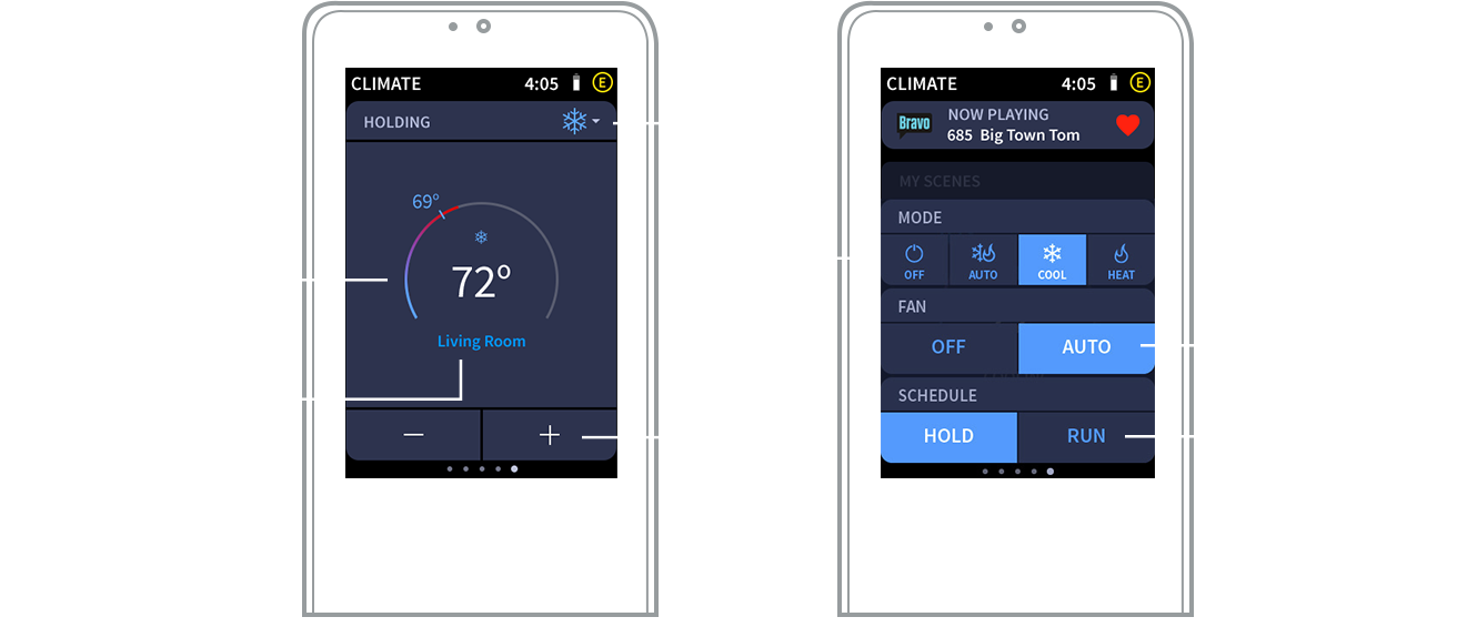 Crestron graphic showing two remote interfaces