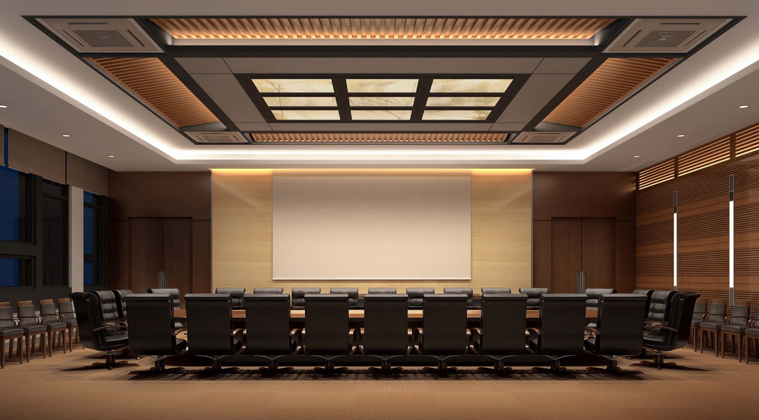neutral-toned boardroom with black chairs and led lighting in the ceiling